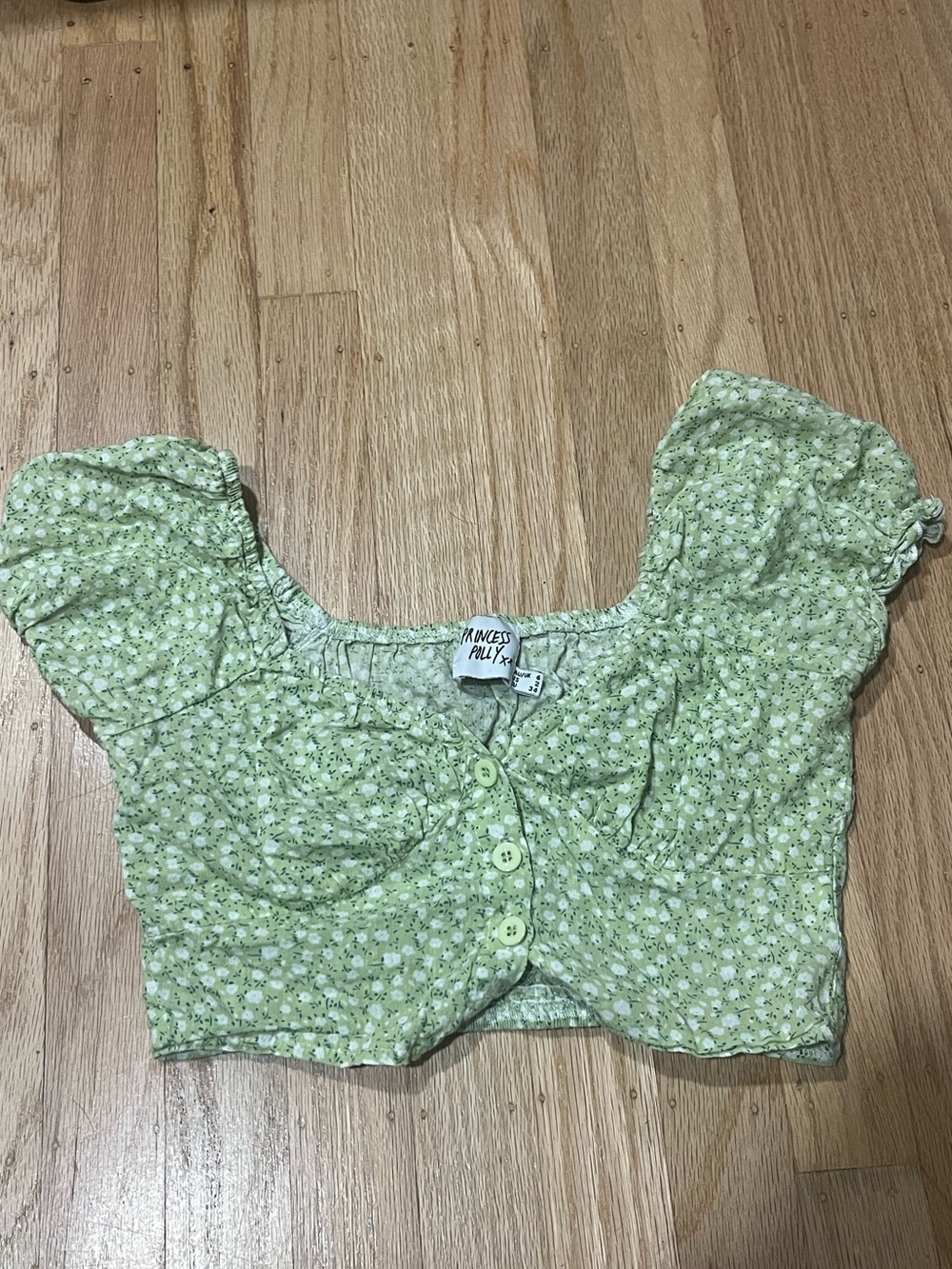 US2 Princess Polly Green Floral Puff-Sleeve Crop Top
